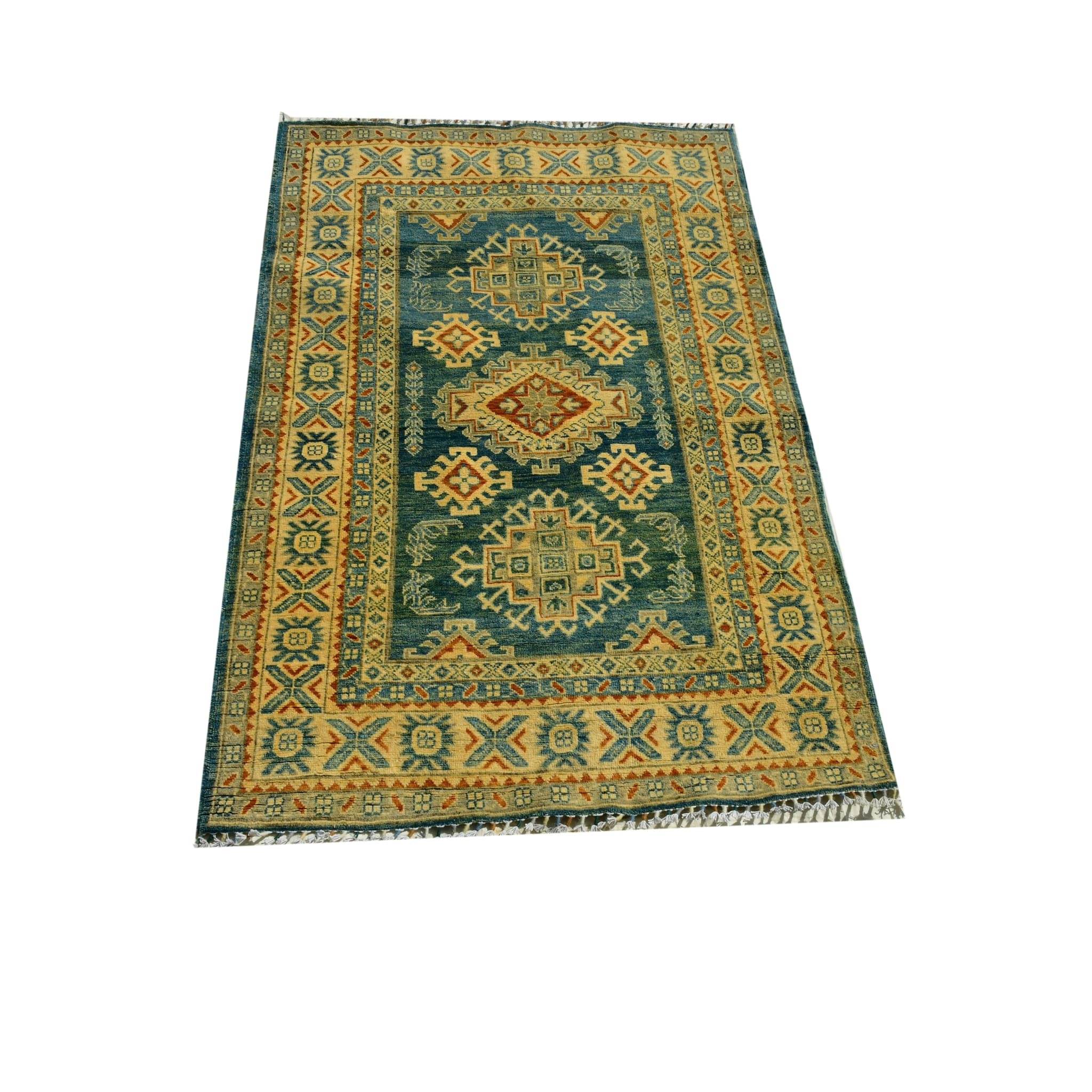 Handmade Afghan Aqcha Wool Rug 4x6 ft front view showing geometric medallions in indigo blue and saffron gold