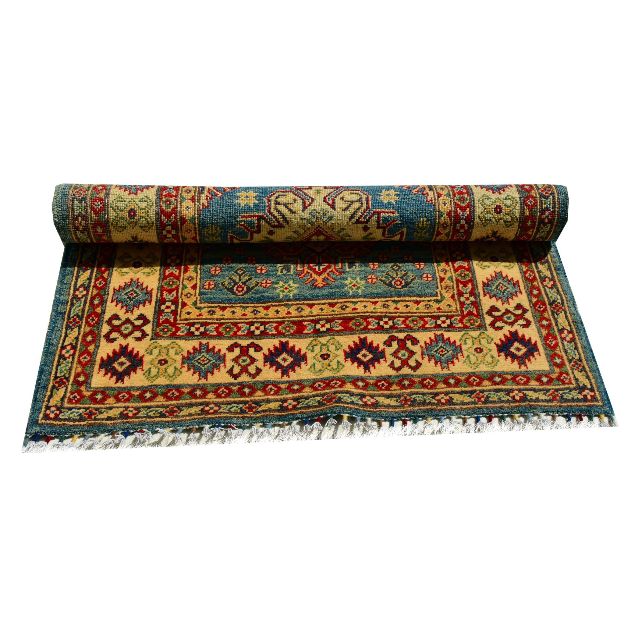 Handmade Afghan Aqcha Wool Rug 4x5 ft rolled view highlighting vibrant colors and pattern flow