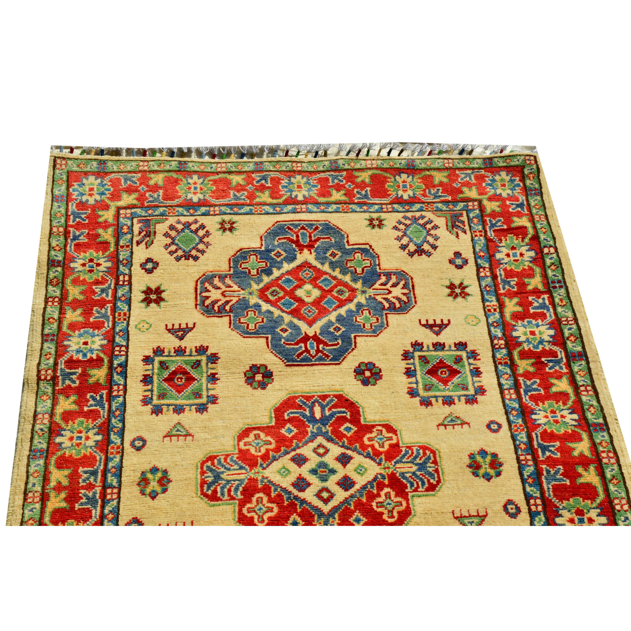Handmade Afghan Aqcha Wool Rug 3x5 ft close-up of central red medallion and intricate tribal motifs