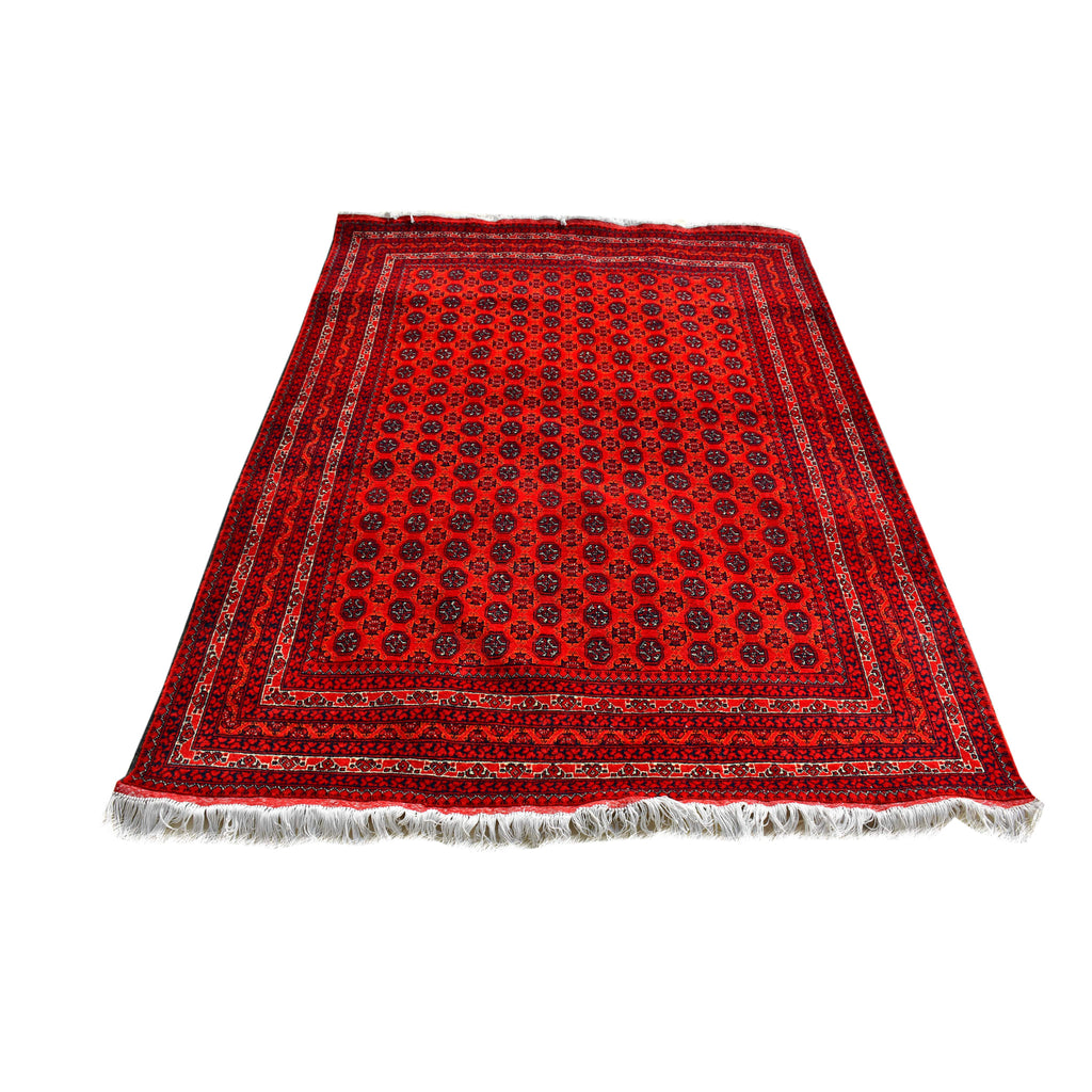 Handmade Afghan Aqcha Wool Rug 5x7 ft front view with full geometric elephant foot gul pattern