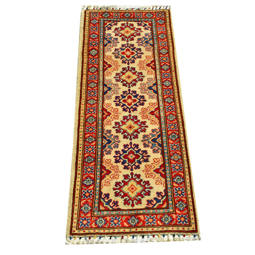 Handmade Afghan Aqcha Wool Rug 2x6 ft full front view showing geometric diamond medallions and tribal border