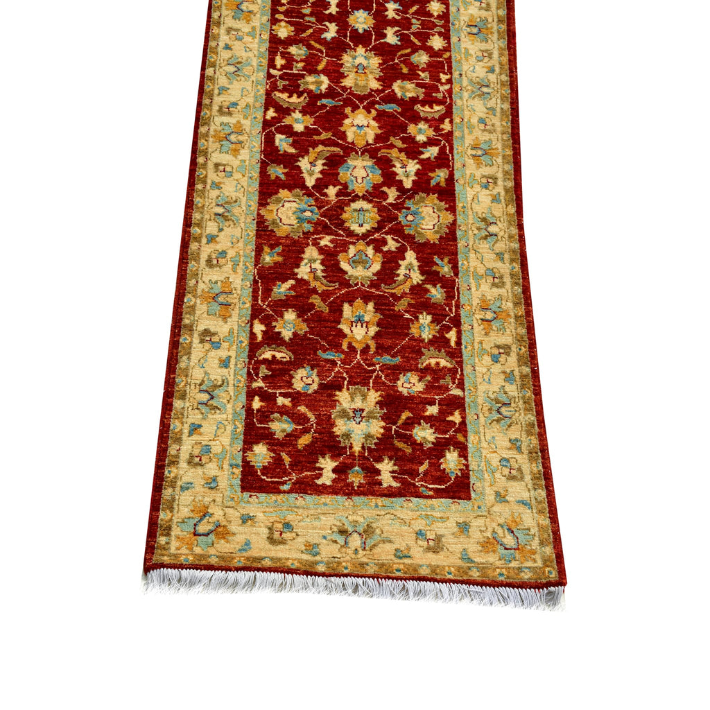 Handmade Afghan Aqcha Wool Rug 3x10 ft corner detail with intricate ivory floral border