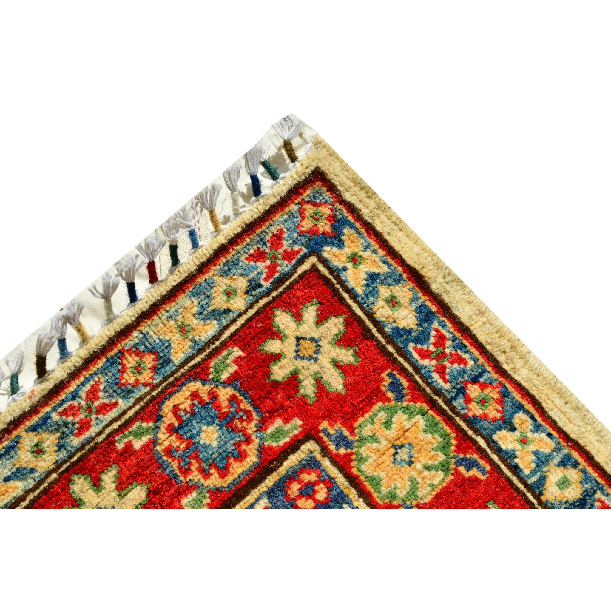 Handmade Afghan Aqcha Wool Rug 2.5x10 ft corner detail highlighting rosette motif and indigo border