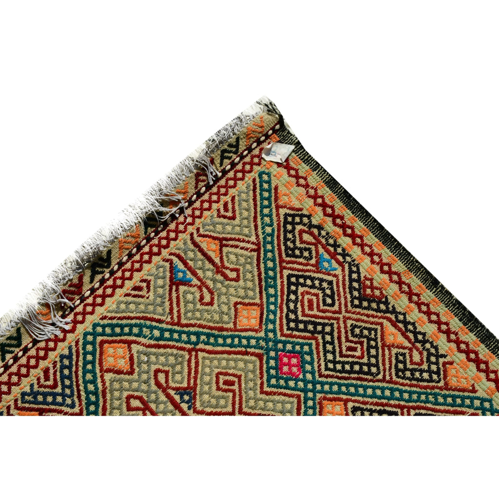 Handmade Afghan Aqcha Wool Rug 5x7 ft corner view showing cruciform figures and border detailing