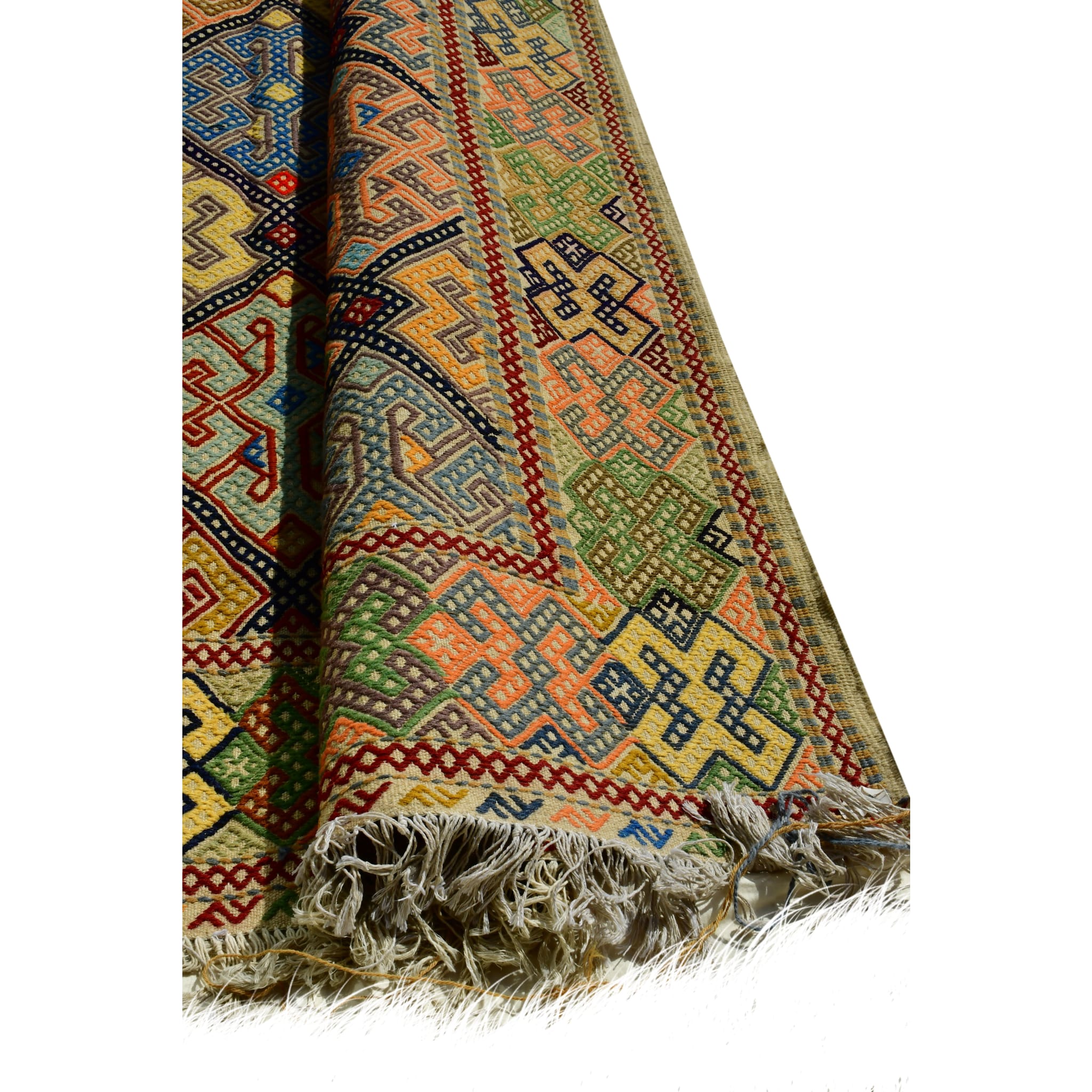Handmade Afghan Aqcha Wool Rug 6x10 ft edge view with visible fringe and selvedge finish