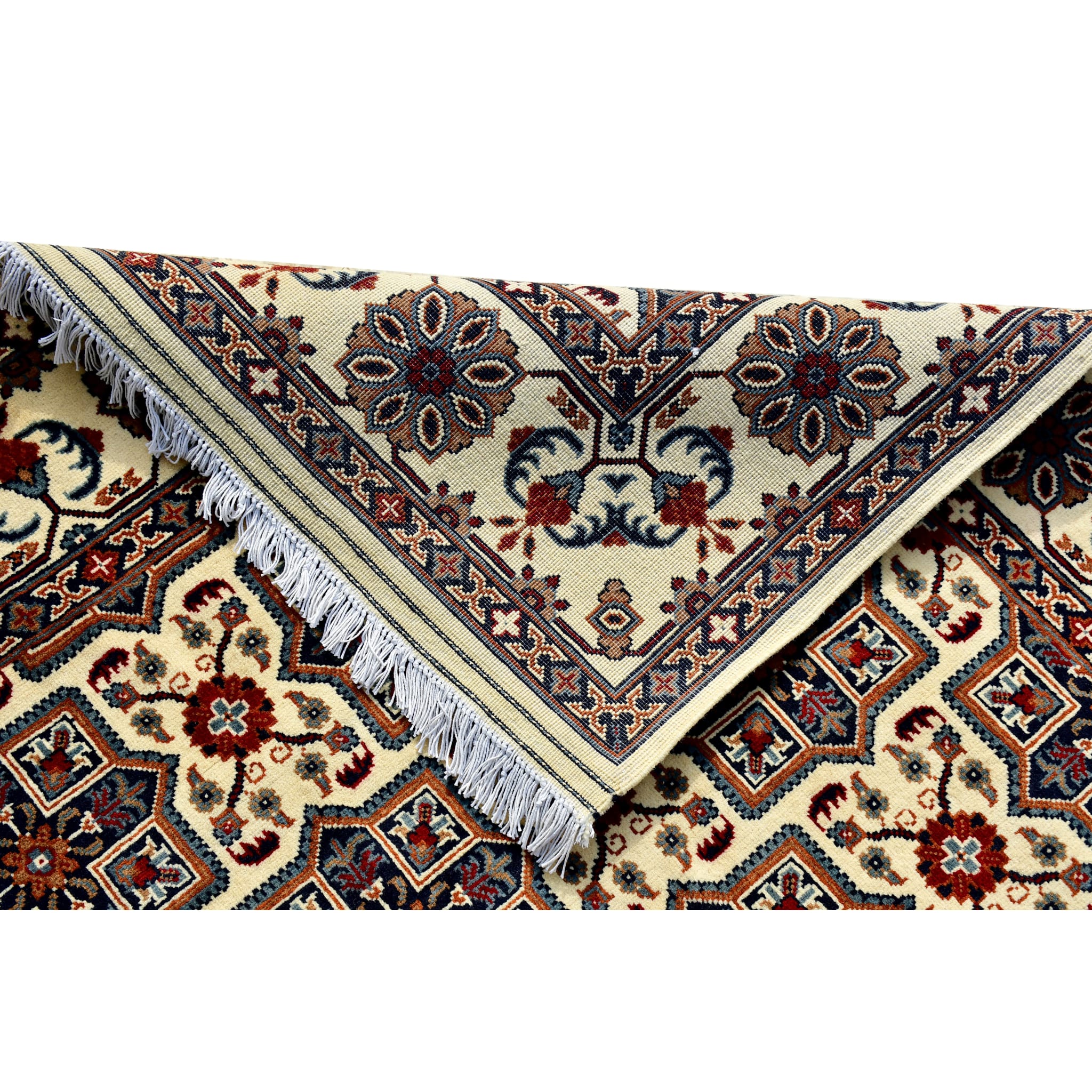 Handmade Afghan Aqcha Wool Rug 5x7 ft draped view highlighting flexibility and fringe