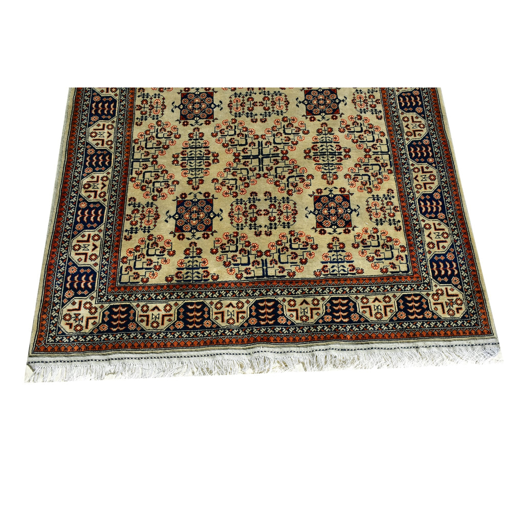 Handmade Afghan Aqcha Wool Rug 5x7 ft edge detail of meander border and ivory fringe