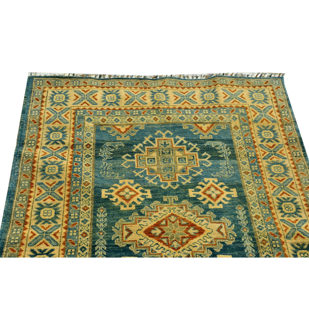 Handmade Afghan Aqcha Wool Rug 4x6 ft corner detail of border with cross motifs