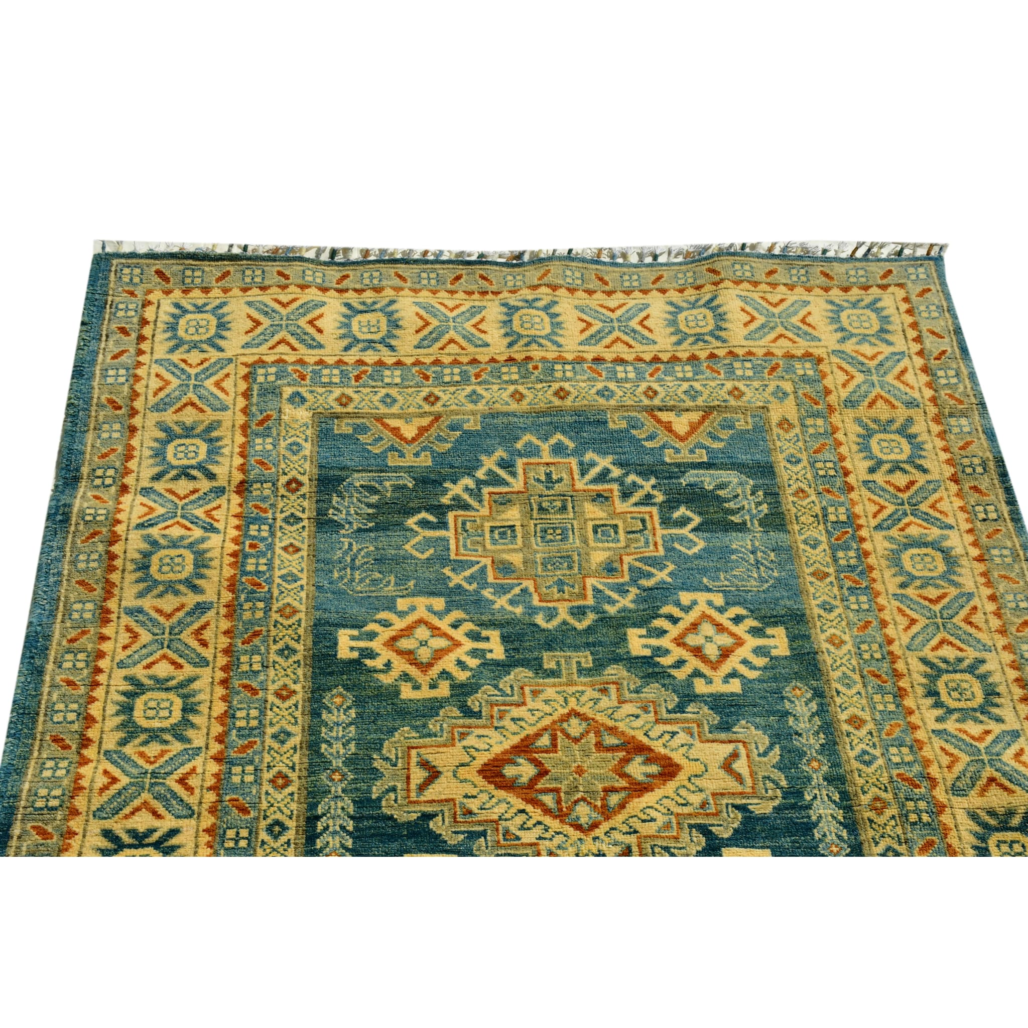 Handmade Afghan Aqcha Wool Rug 4x6 ft corner detail of border with cross motifs