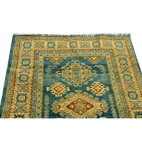 Handmade Afghan Aqcha Wool Rug 4x6 ft corner detail of border with cross motifs