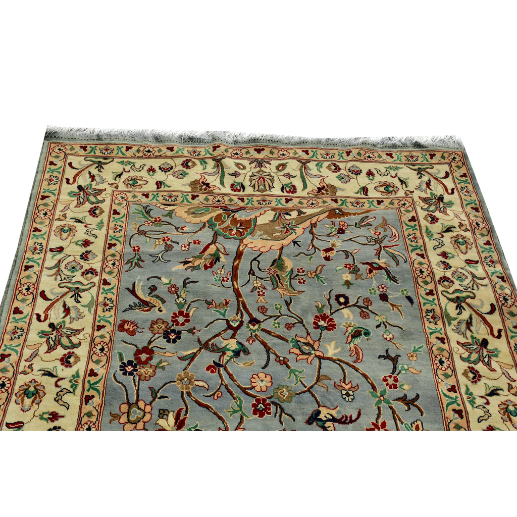 Handmade Afghan Aqcha Wool Rug 5x8 ft close-up detail of central tree and bird motifs