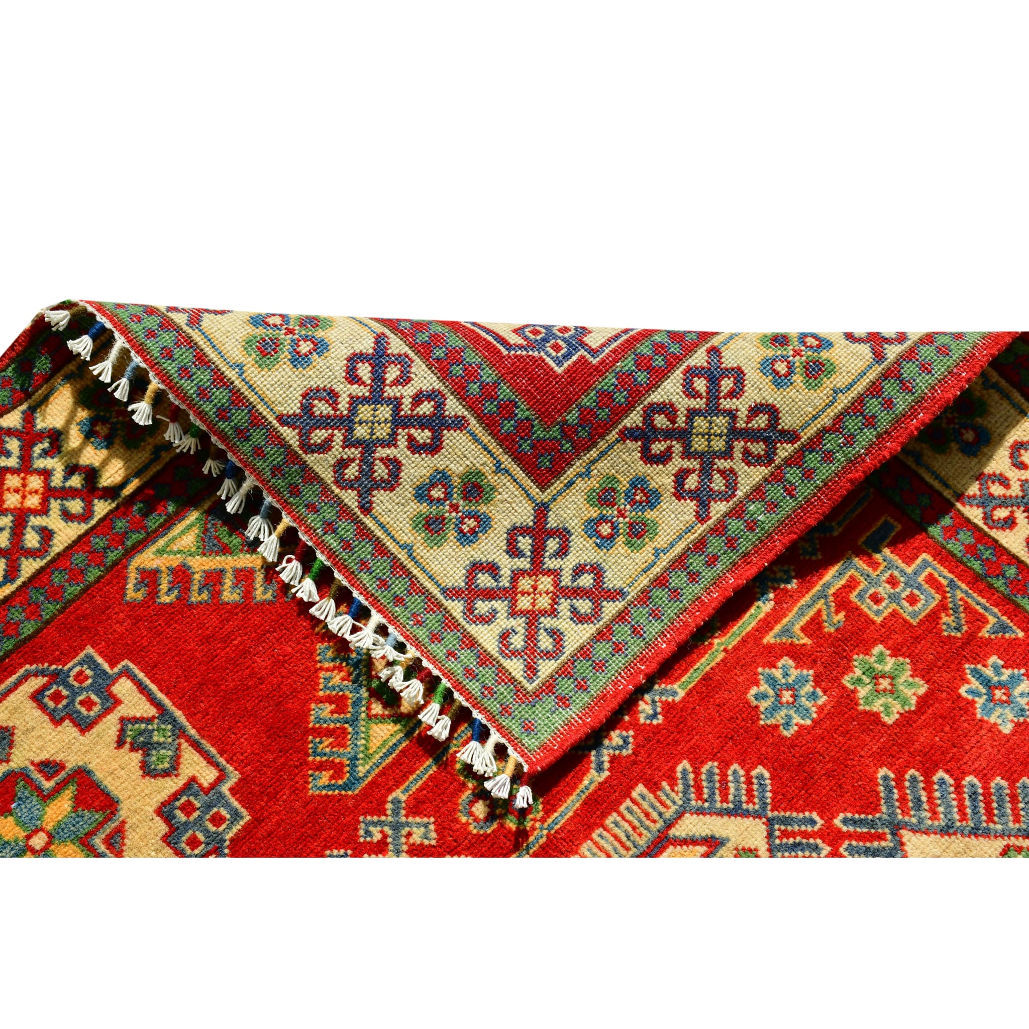 Handmade Afghan Aqcha Wool Rug 4x6 ft edge view highlighting fringe and intricate geometric border