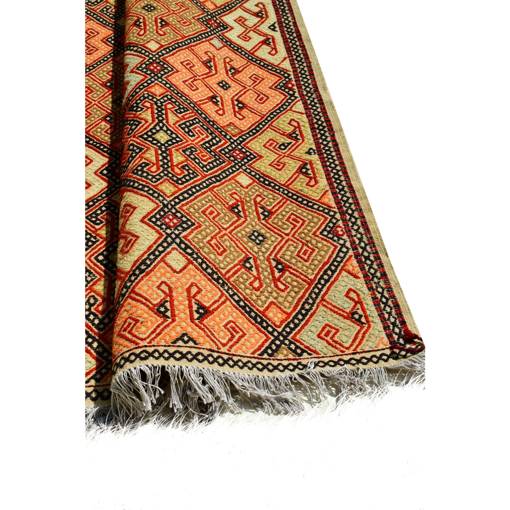 Handmade Afghan Aqcha Wool Rug 6x10 ft edge detail with visible fringe and woven border