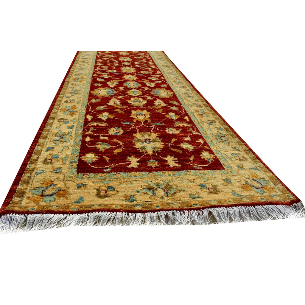 Handmade Afghan Aqcha Wool Rug 3x10 ft angled view emphasizing the runner length