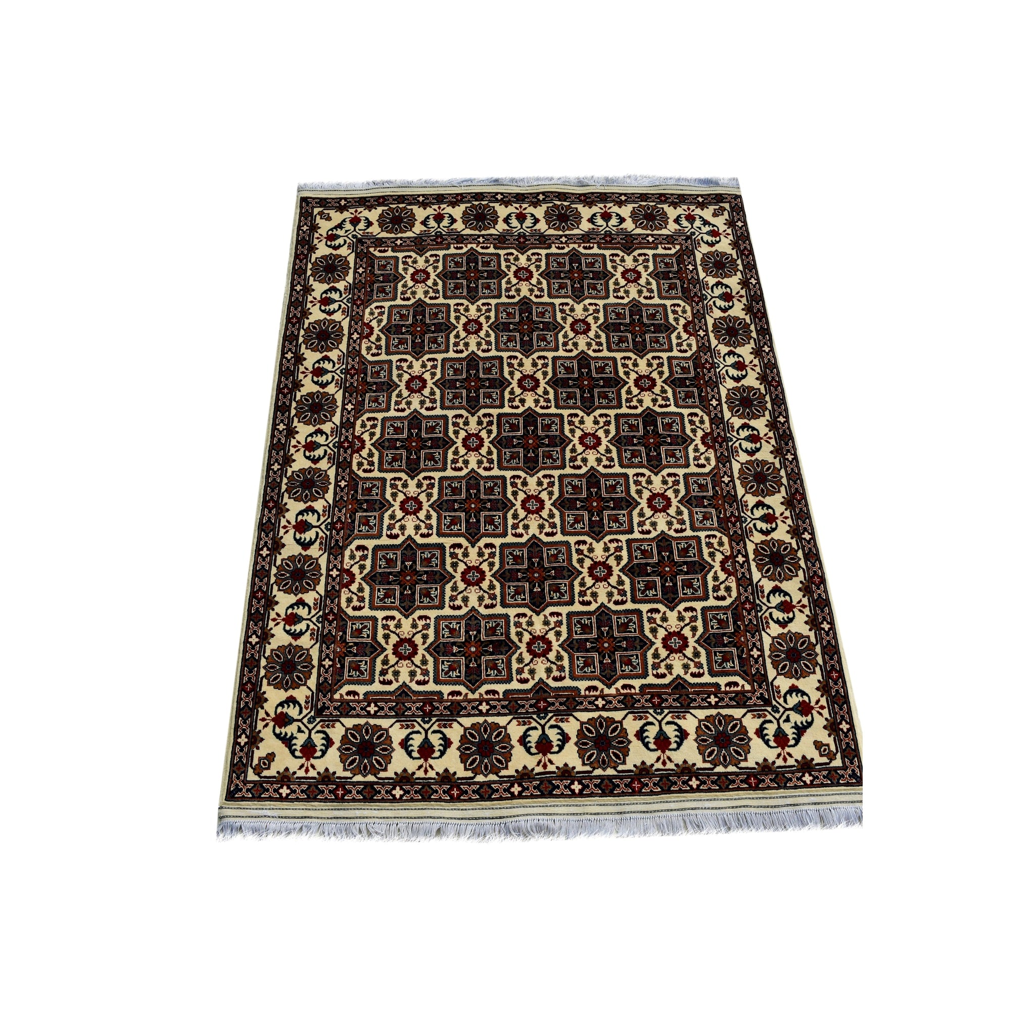 Handmade Afghan Aqcha Wool Rug 5x7 ft full view with geometric star medallions on ivory field