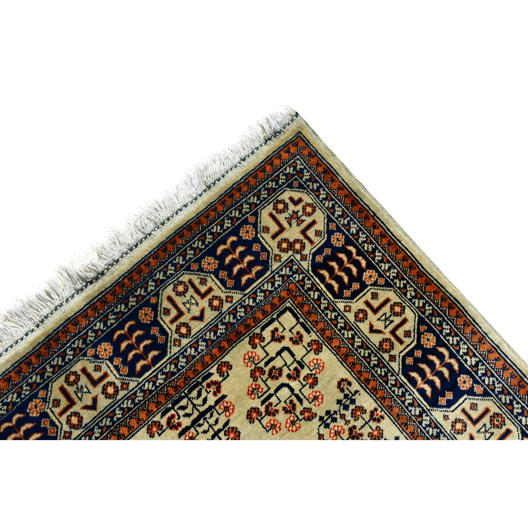 Handmade Afghan Aqcha Wool Rug 5x7 ft corner detail showing indigo border and madder red contrast