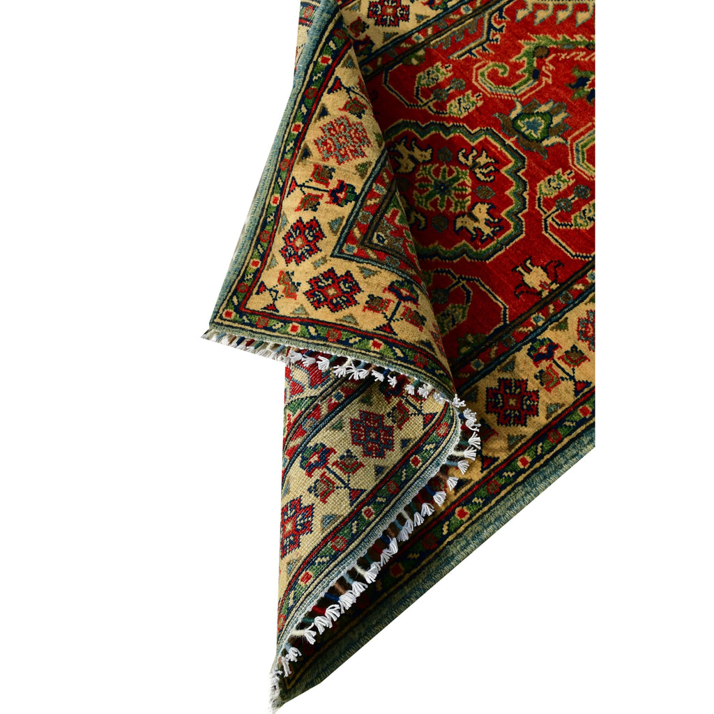 Handmade Afghan Aqcha Wool Rug 2.5x4 ft edge view of intricate Kazakh border design
