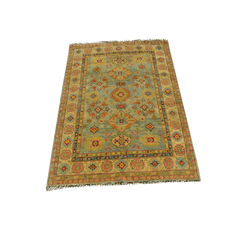 Handmade Afghan Aqcha Wool Rug 5x8 ft full front view showing blue field and saffron Kazakh geometric pattern