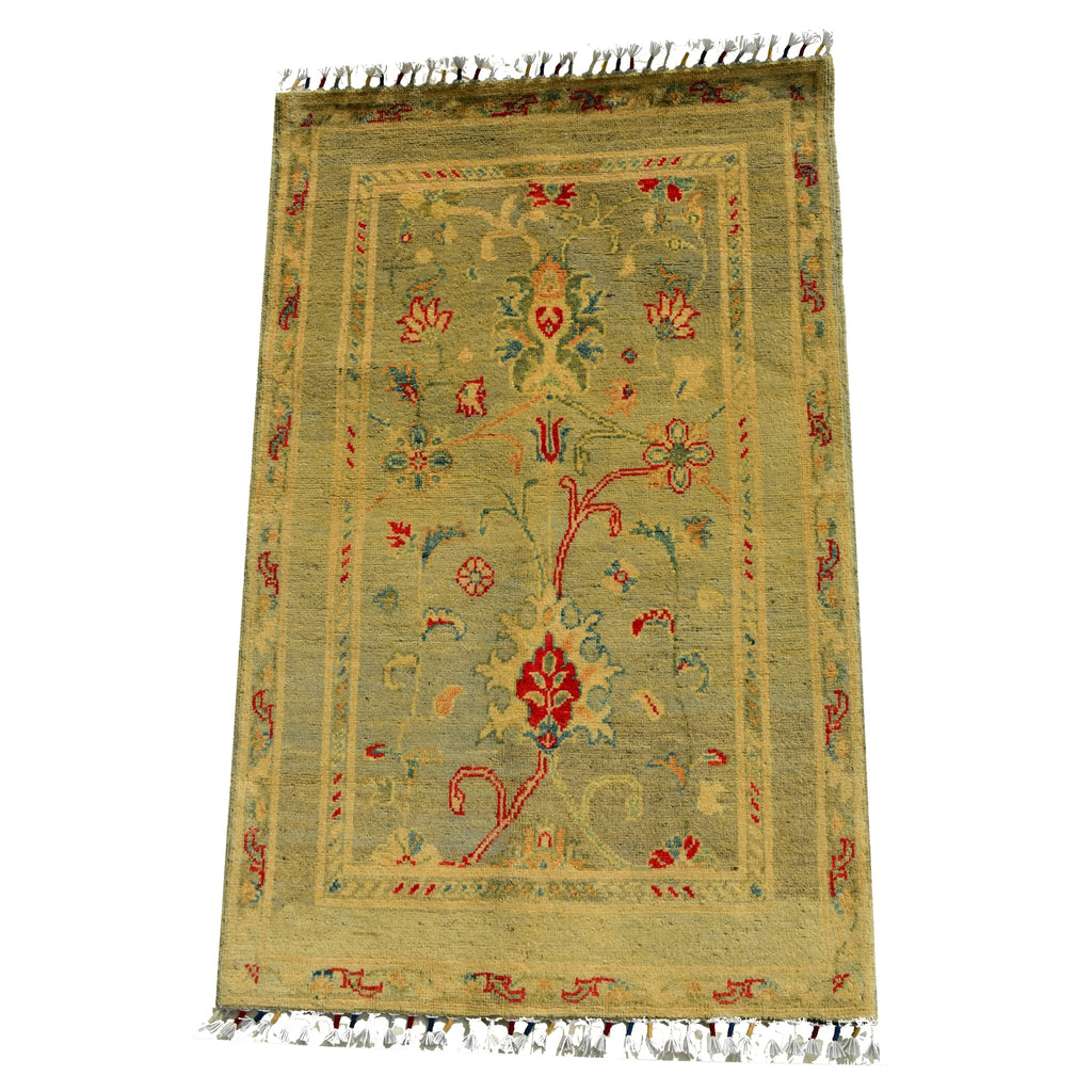 Handmade Afghan Aqcha Wool Rug 2.5x4 ft front view with central floral medallion and vine scrolls