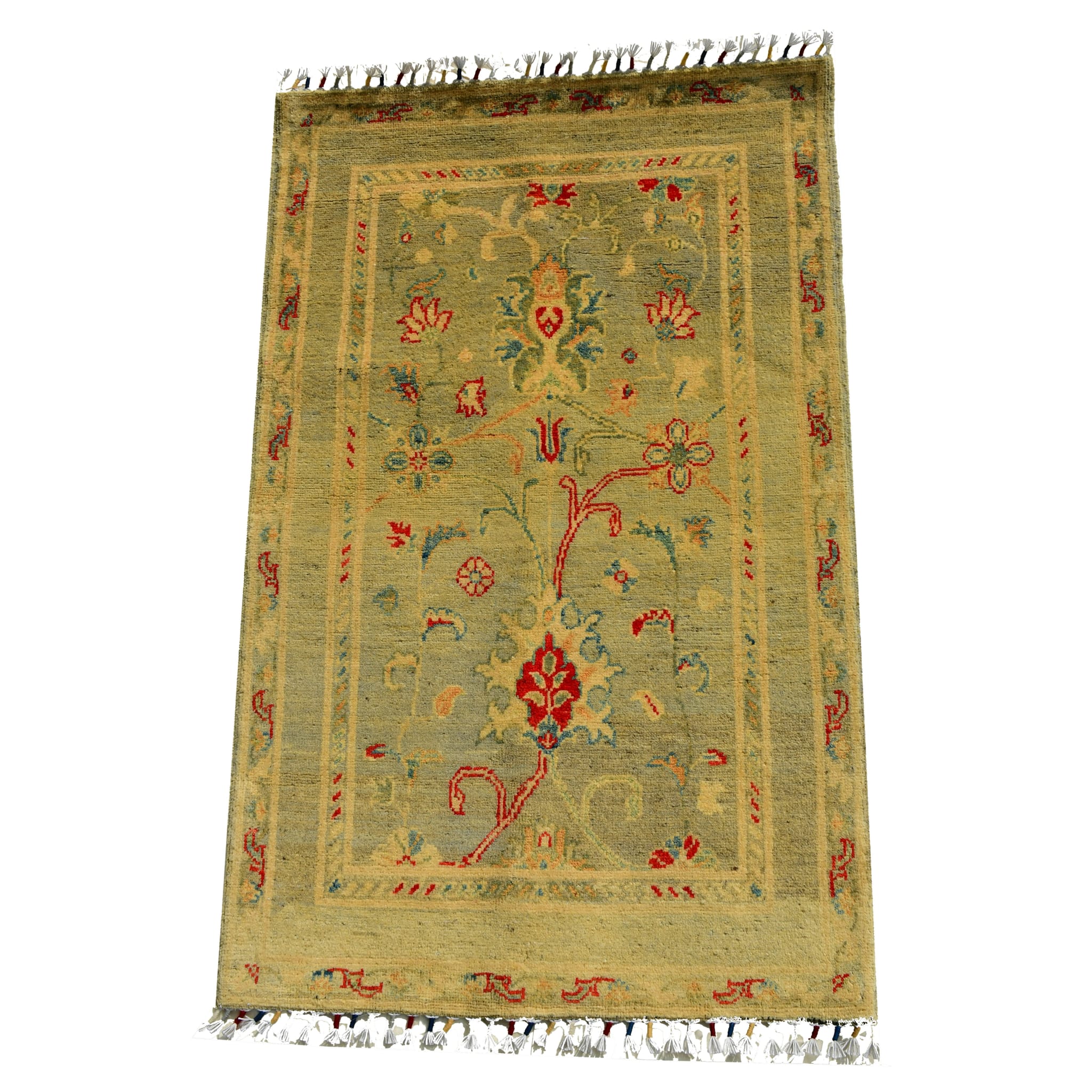 Handmade Afghan Aqcha Wool Rug 2.5x4 ft front view with central floral medallion and vine scrolls