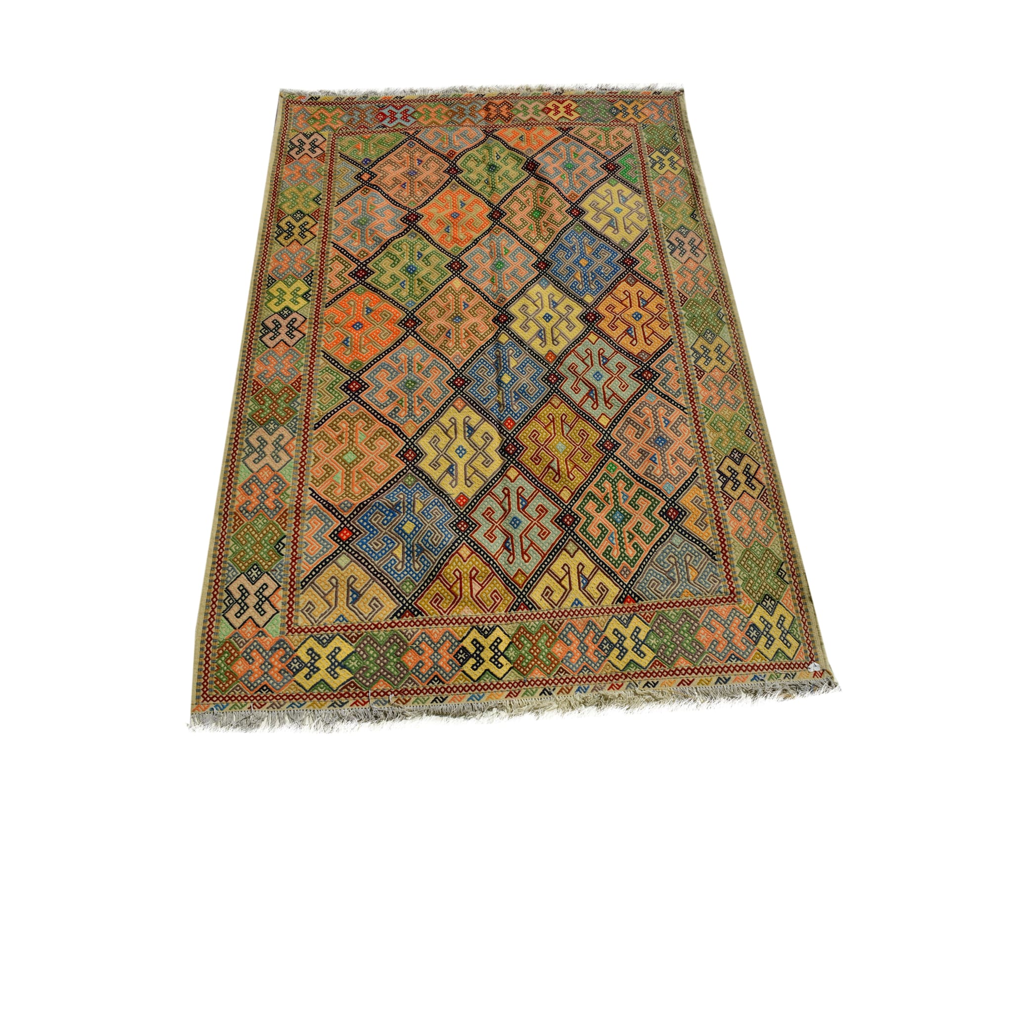 Handmade Afghan Aqcha Wool Rug 6x10 ft front view with full geometric diamond pattern in vibrant colors