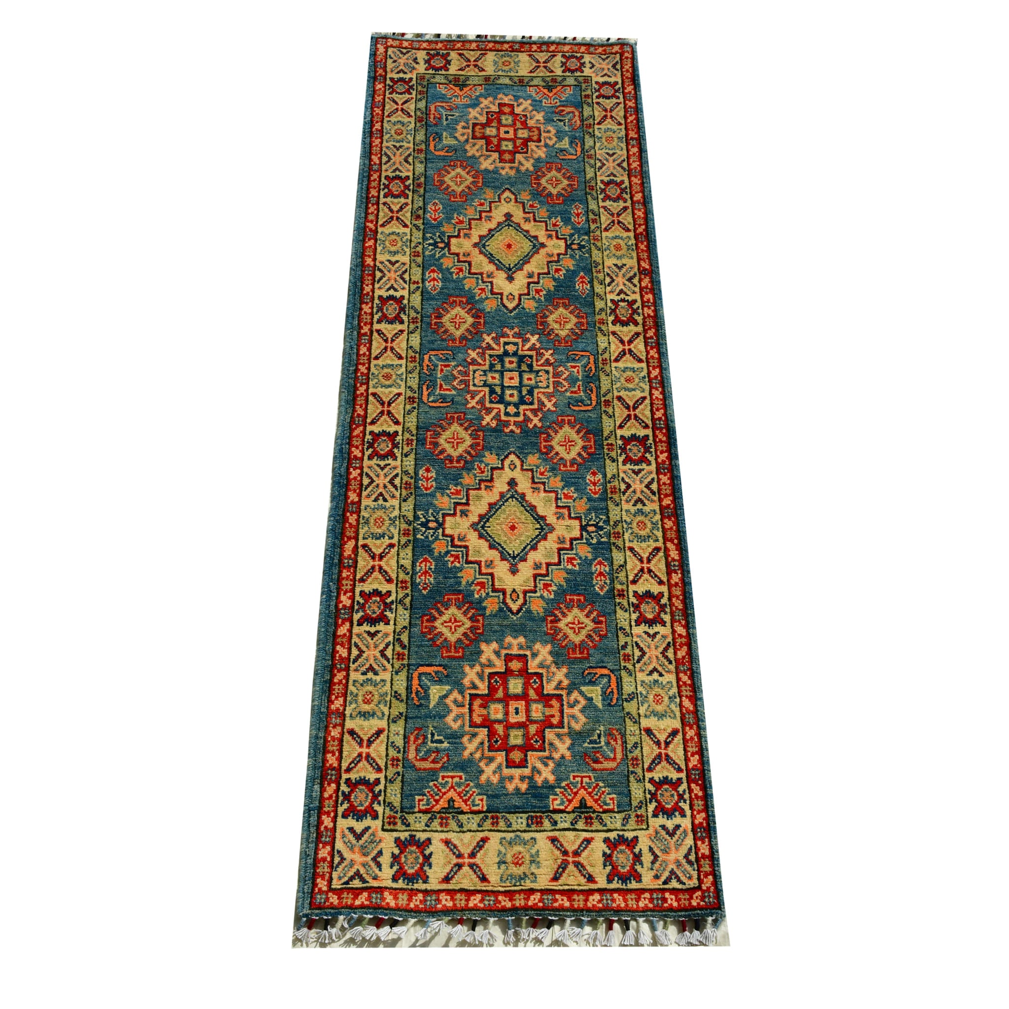 Handmade Afghan Aqcha Wool Rug 2x6 ft angled side view highlighting dense wool texture and Kazakh pattern