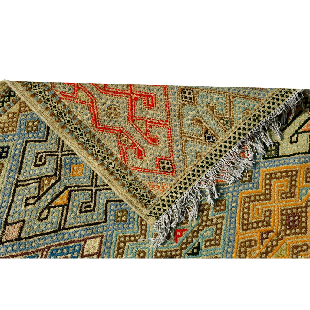 Handmade Afghan Aqcha Wool Rug 7x10 ft fringe and edge pattern detail in wool