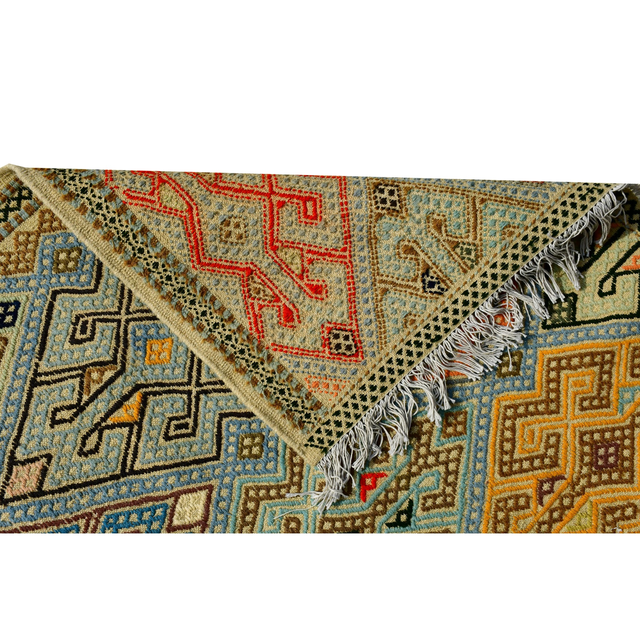 Handmade Afghan Aqcha Wool Rug 7x10 ft fringe and edge pattern detail in wool