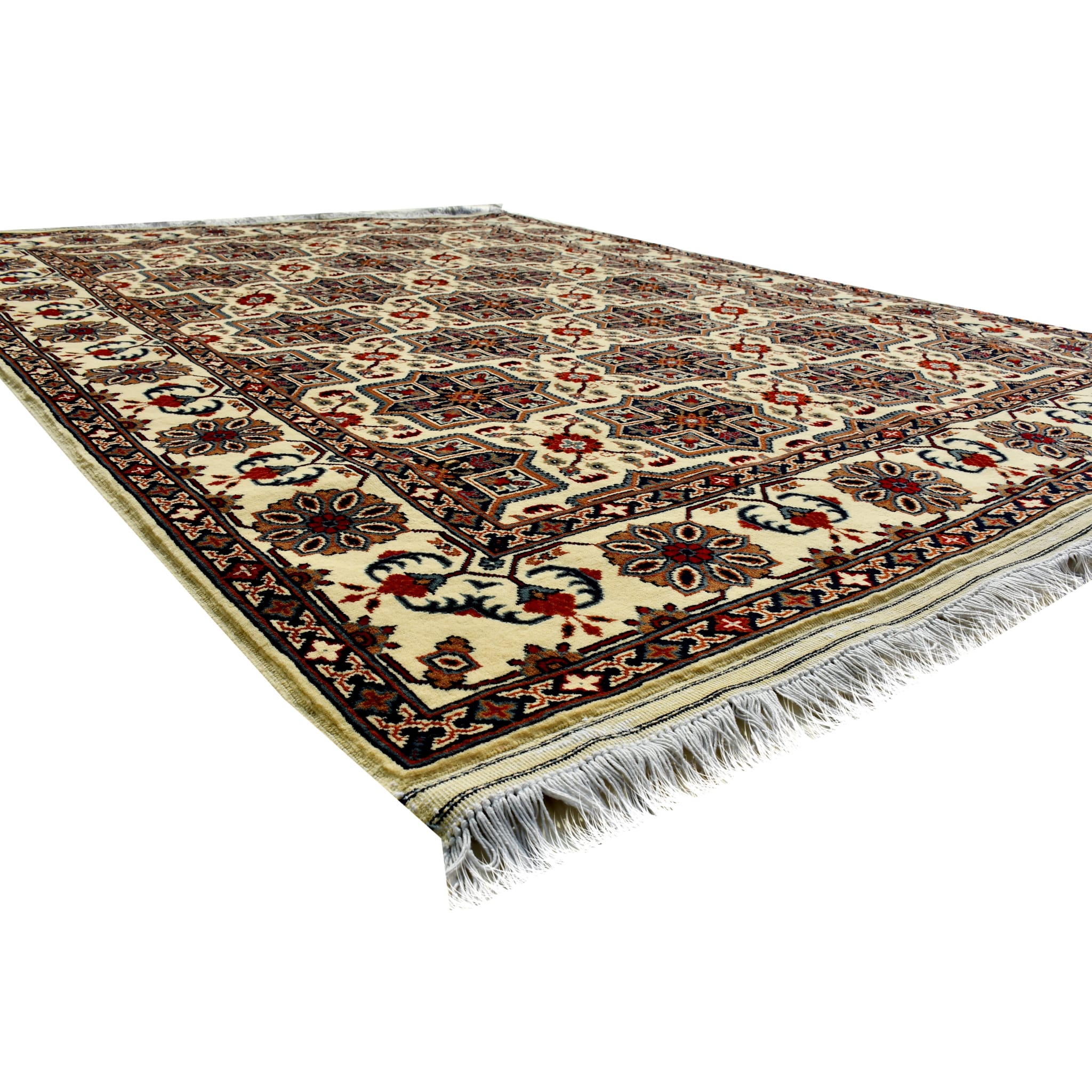 Handmade Afghan Aqcha Wool Rug 5x7 ft tilted view showing pattern alignment and fringe
