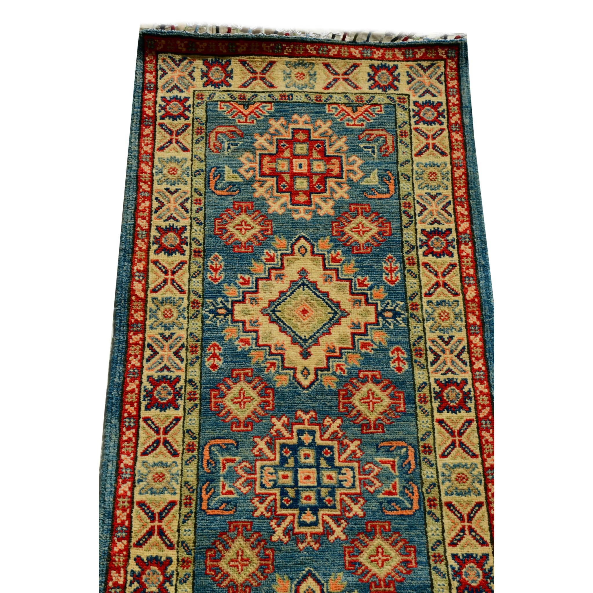 Handmade Afghan Aqcha Wool Rug 2x6 ft close-up of central medallion and surrounding cross and latch hook motifs