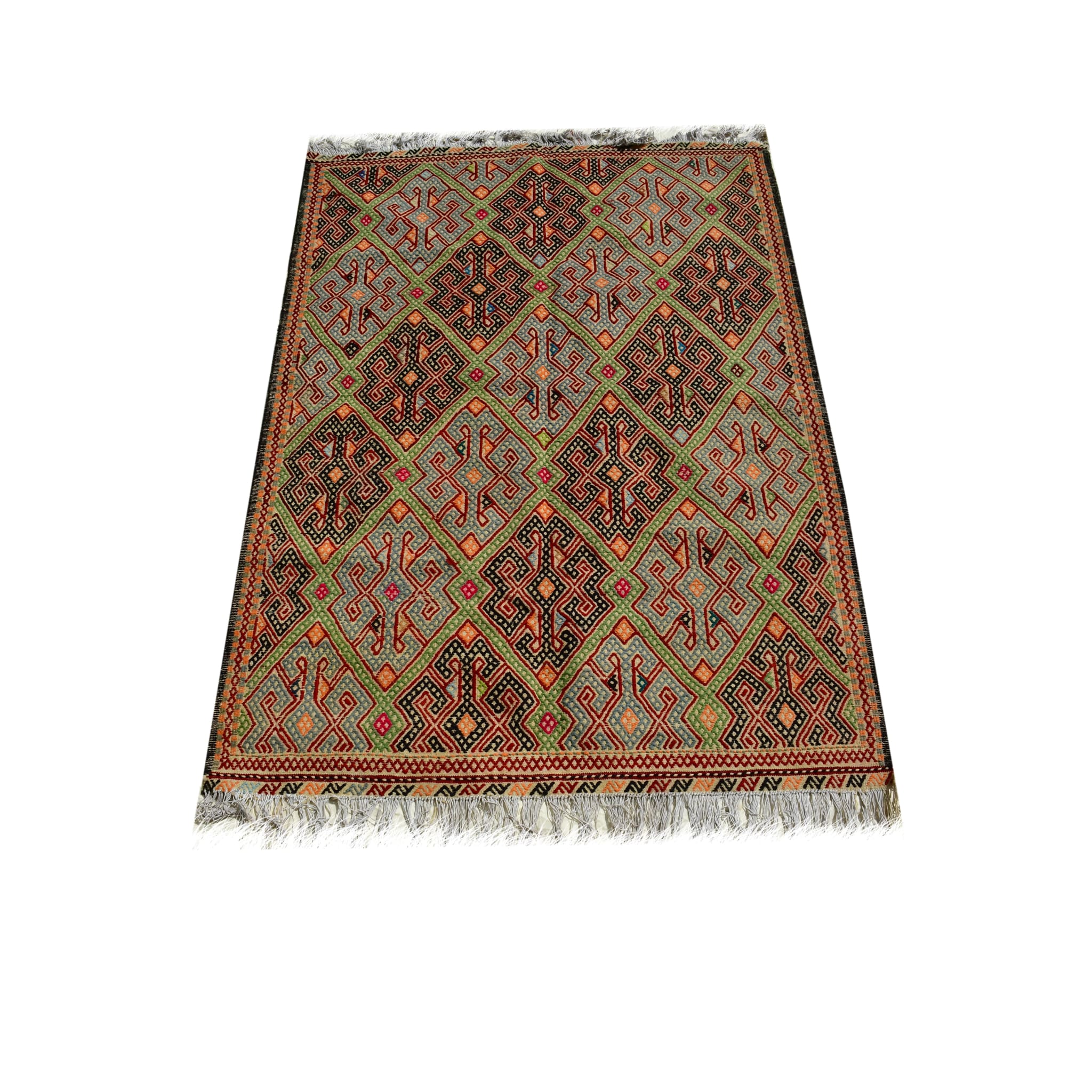 Handmade Afghan Aqcha Wool Rug 5x7 ft full front view of geometric diamond pattern in red, green, and blue