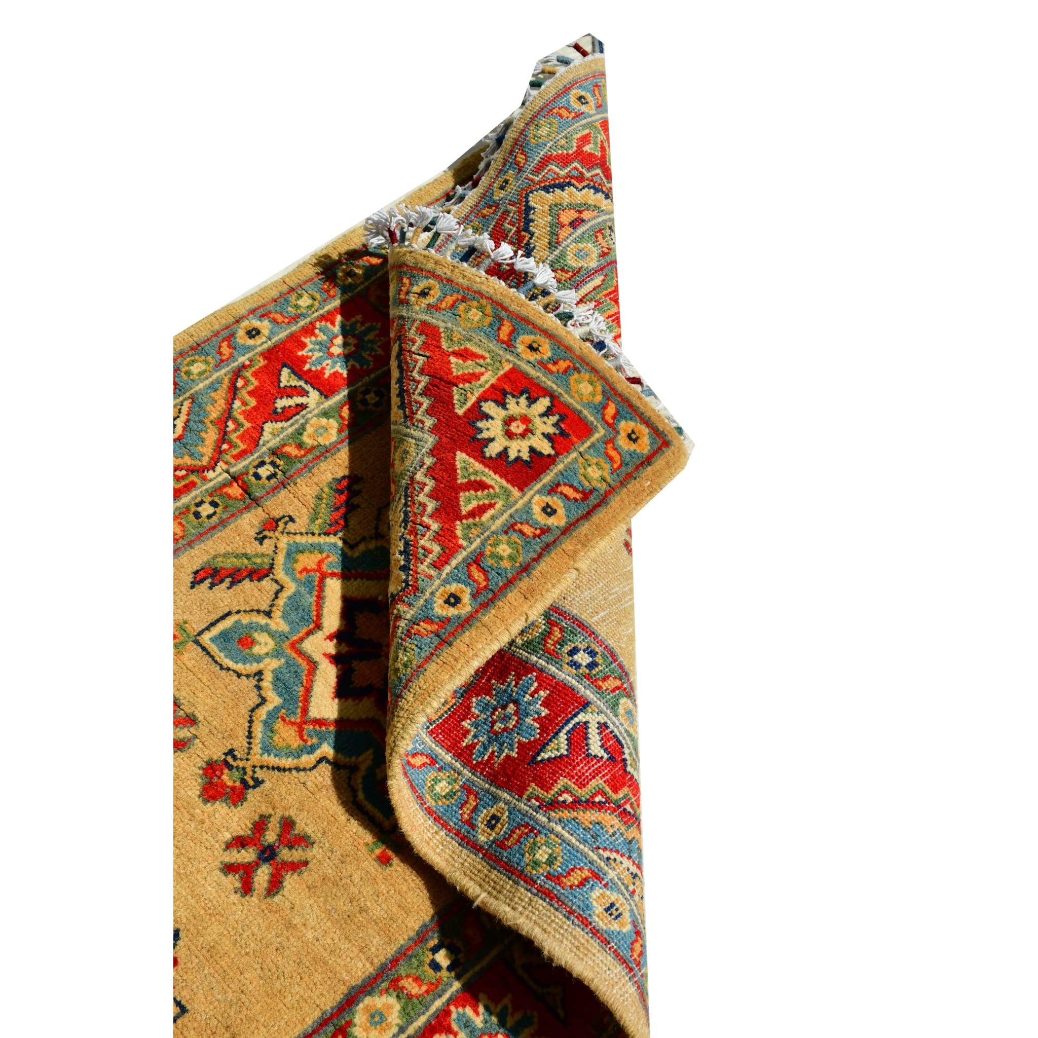Handmade Afghan Aqcha Wool Rug 2.5x4 ft rolled view highlighting bound edge and pattern