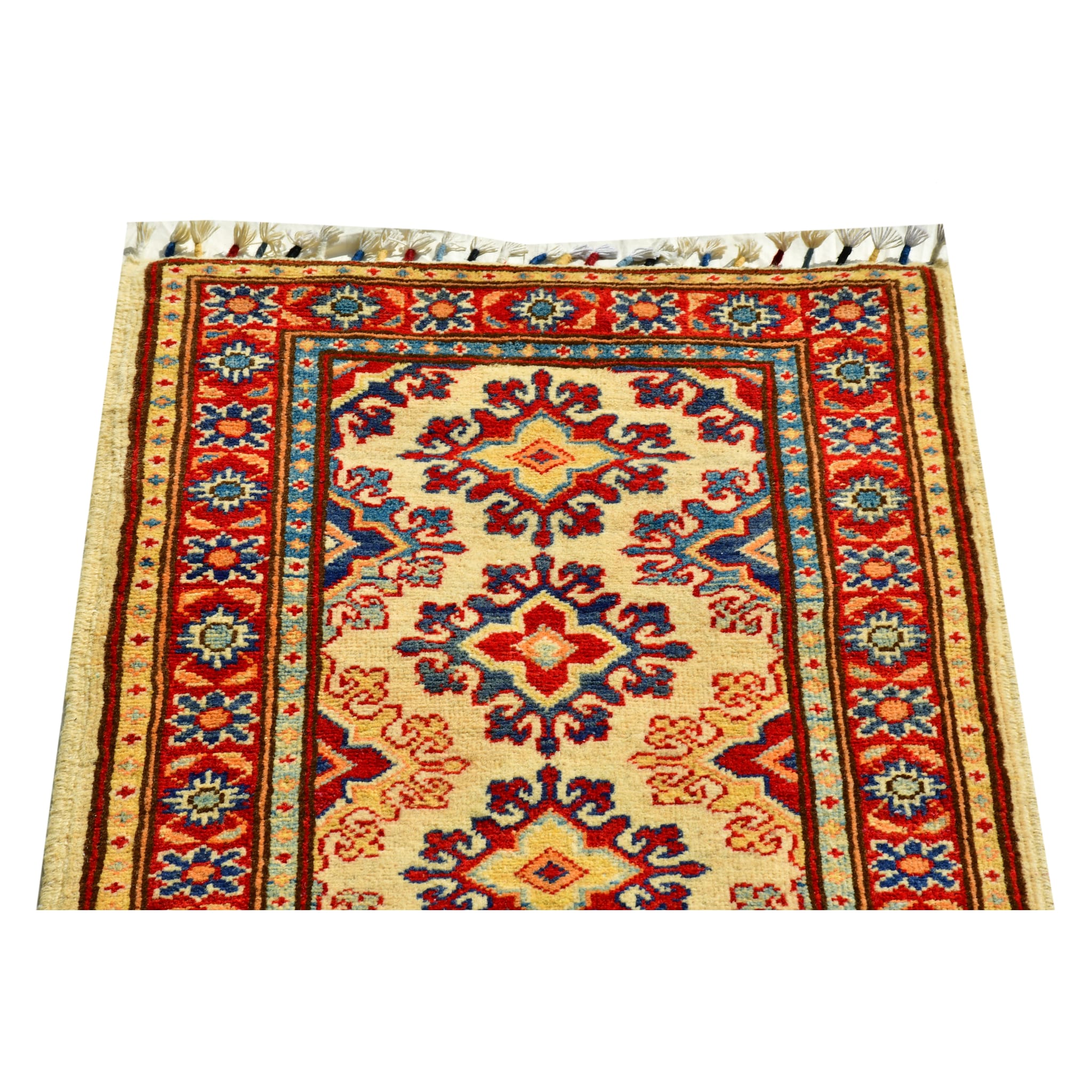 Handmade Afghan Aqcha Wool Rug 2x6 ft close-up detail of central diamond medallion and surrounding patterns