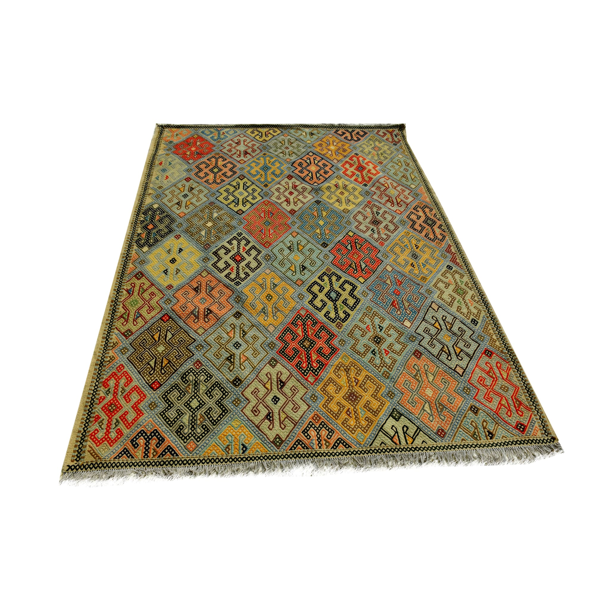 Handmade Afghan Aqcha Wool Rug 7x10 ft front view showing geometric diamond pattern in saffron gold and indigo