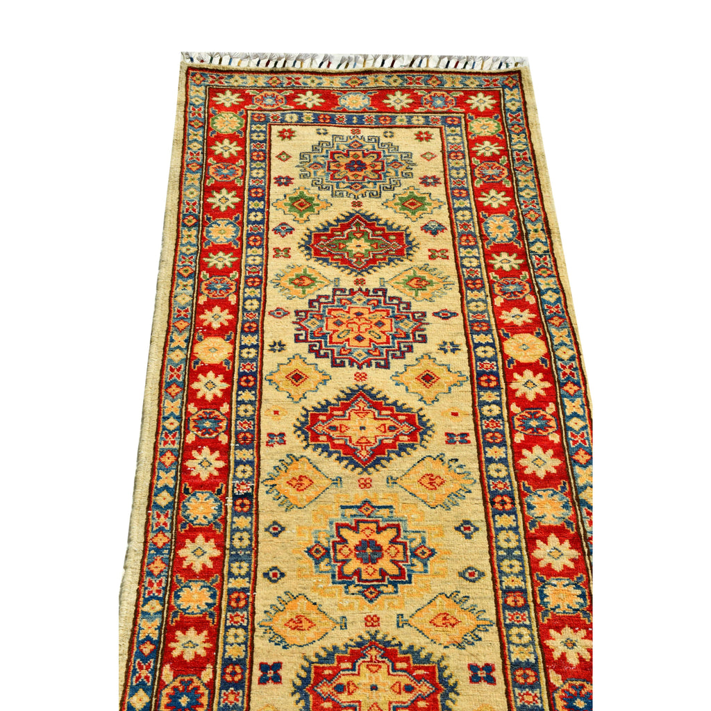 Handmade Afghan Aqcha Wool Rug 2.5x10 ft close-up of central stepped medallion and surrounding motifs