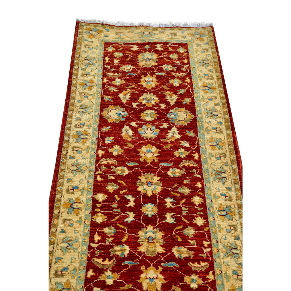 Handmade Afghan Aqcha Wool Rug 3x10 ft angled side view highlighting floral palmette motifs