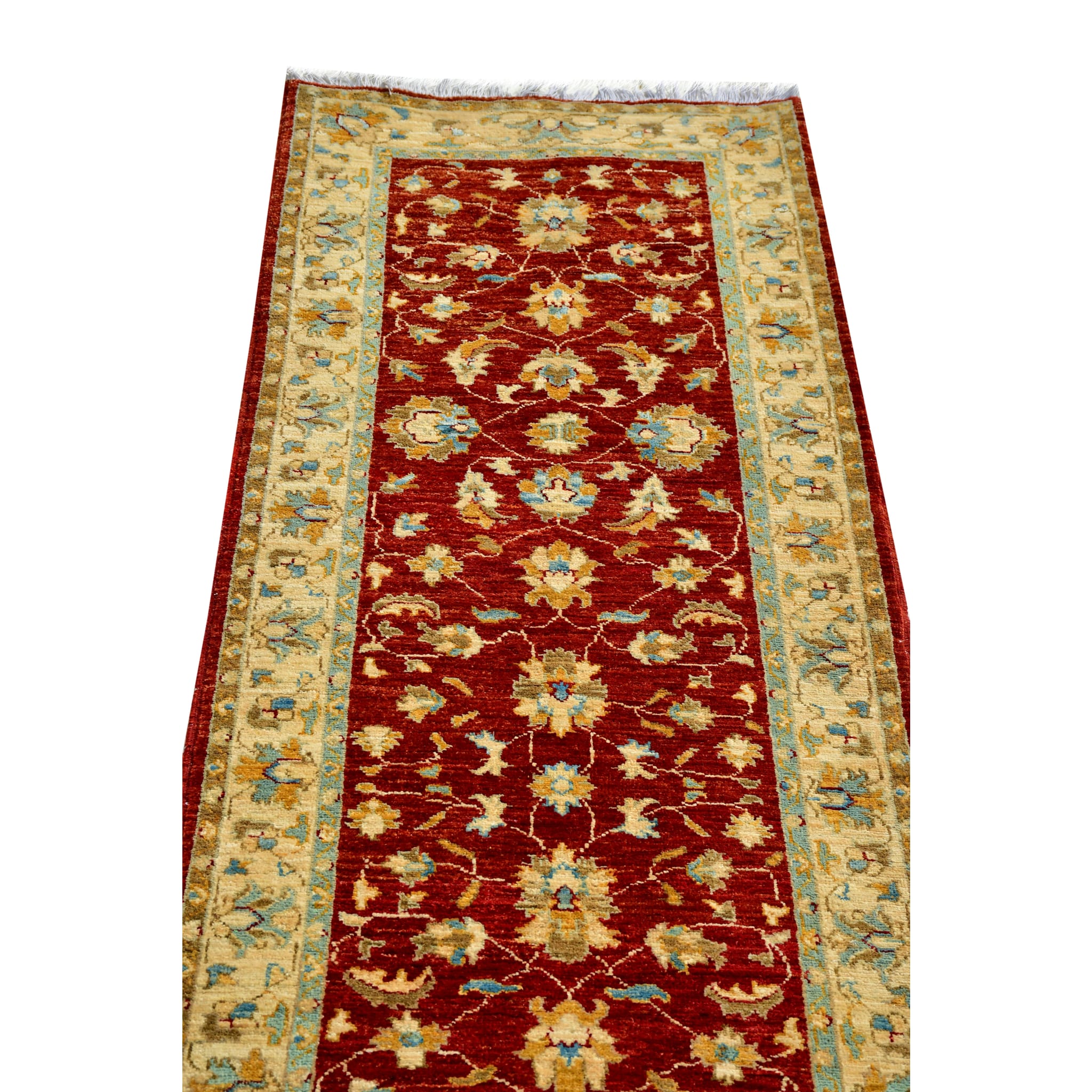 Handmade Afghan Aqcha Wool Rug 3x10 ft angled side view highlighting floral palmette motifs