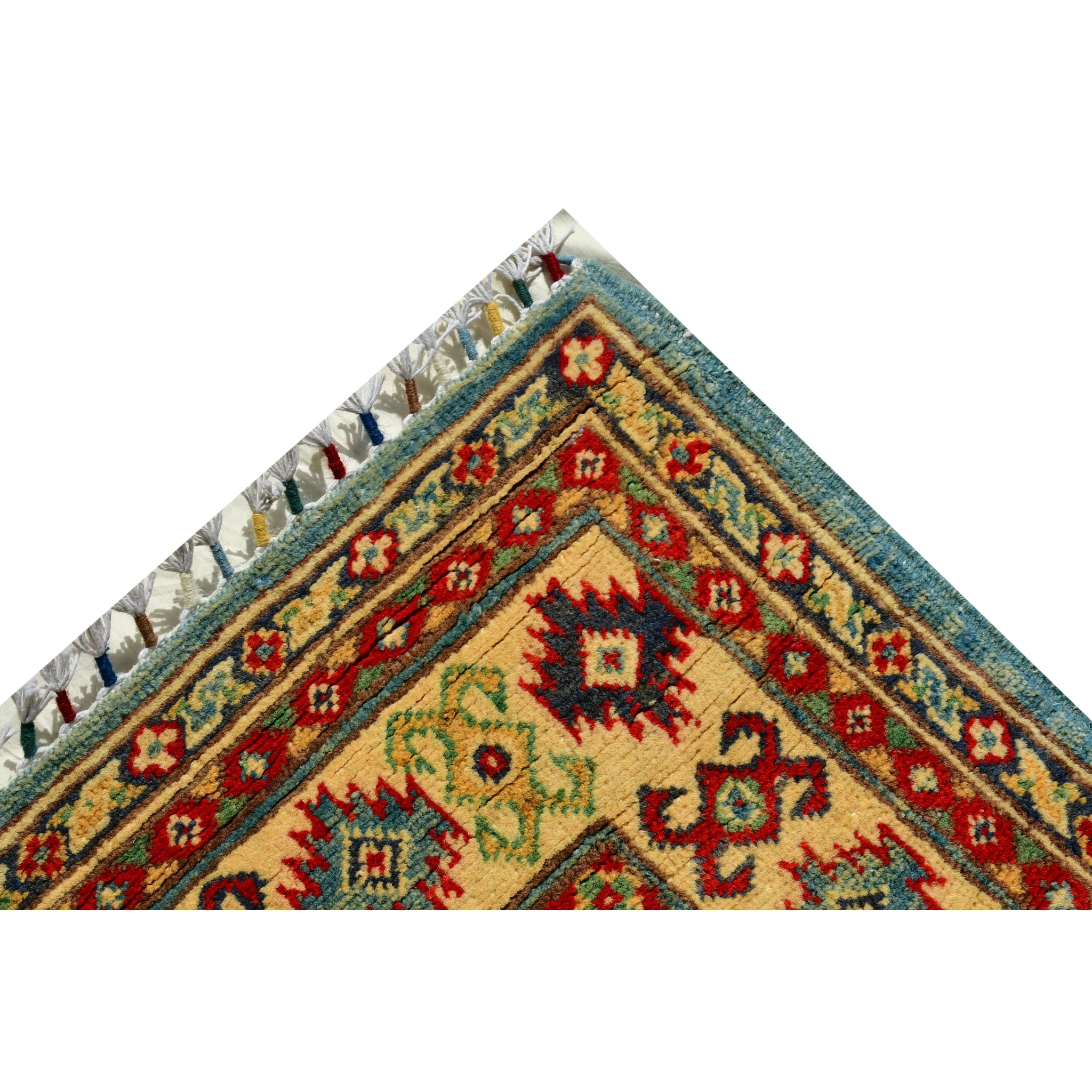 Handmade Afghan Aqcha Wool Rug 4x5 ft corner view with detailed saffron and red border patterns