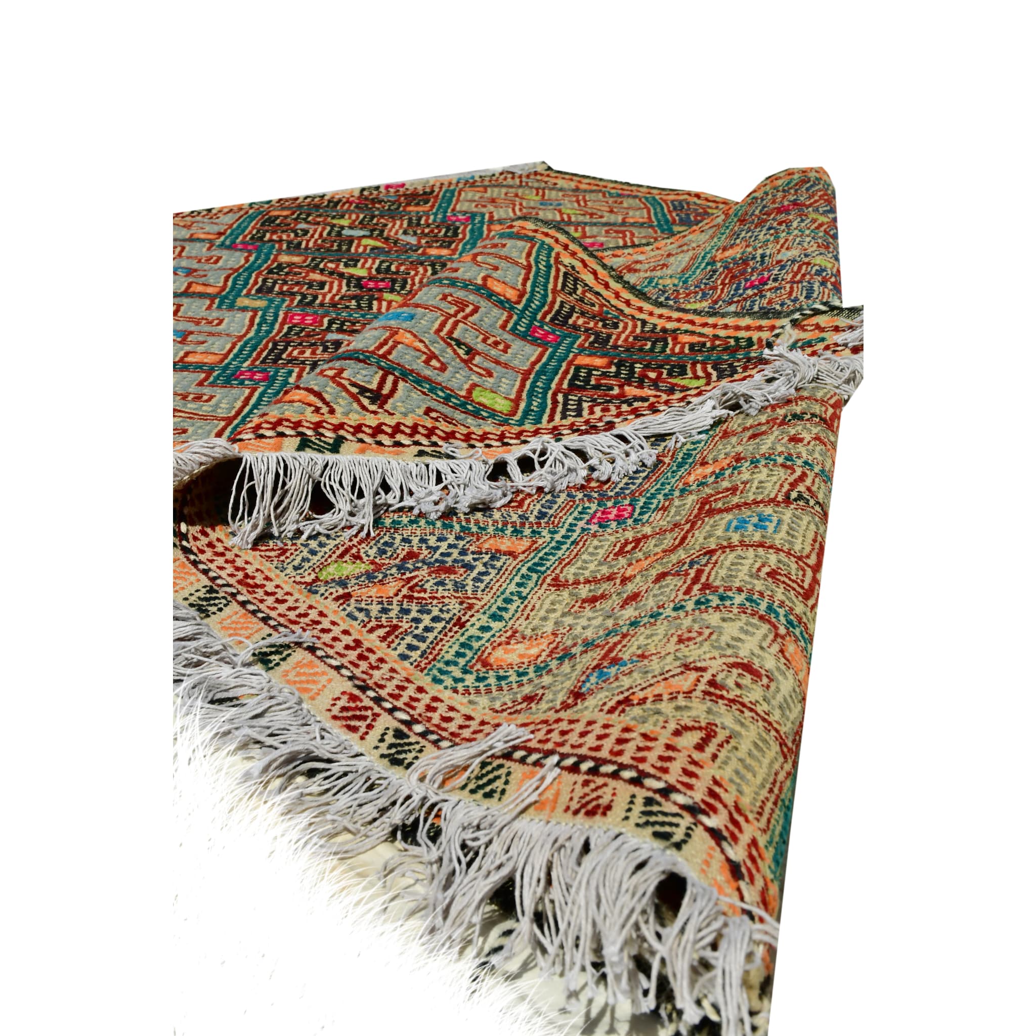 Handmade Afghan Aqcha Wool Rug 5x7 ft side angle view highlighting tribal pattern depth
