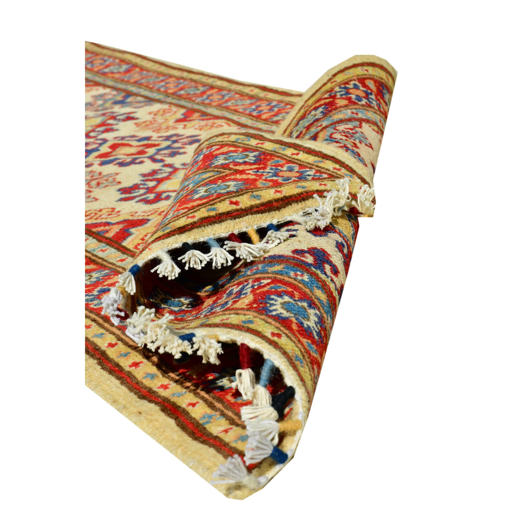Handmade Afghan Aqcha Wool Rug 2x6 ft edge view with visible selvedge binding and fringe