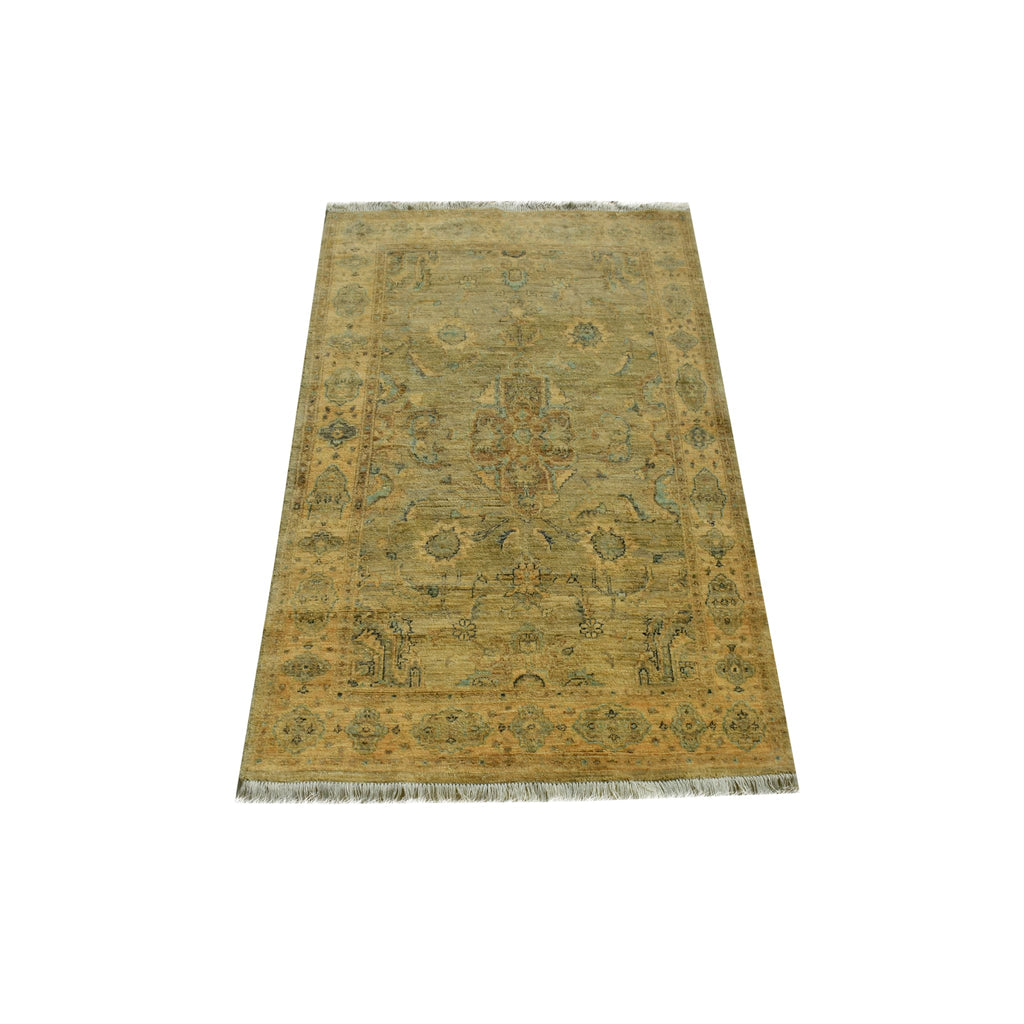 Handmade Afghan Aqcha Wool Rug 4x6 ft full front view showing floral pattern with central medallion in gold and blue