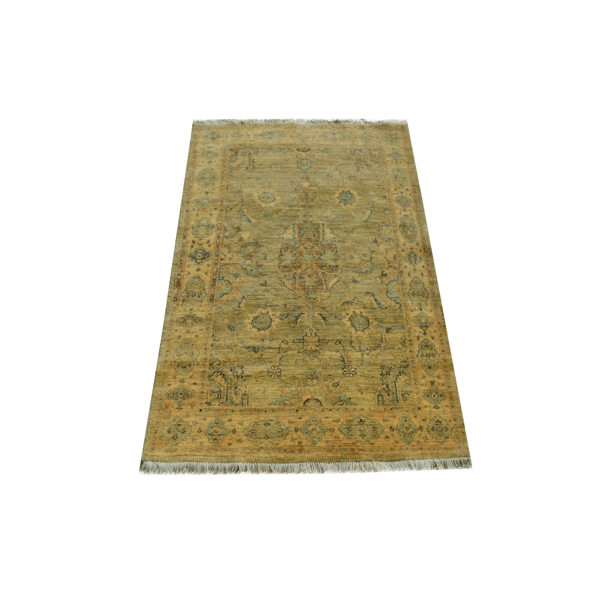 Handmade Afghan Aqcha Wool Rug 4x6 ft full front view showing floral pattern with central medallion in gold and blue