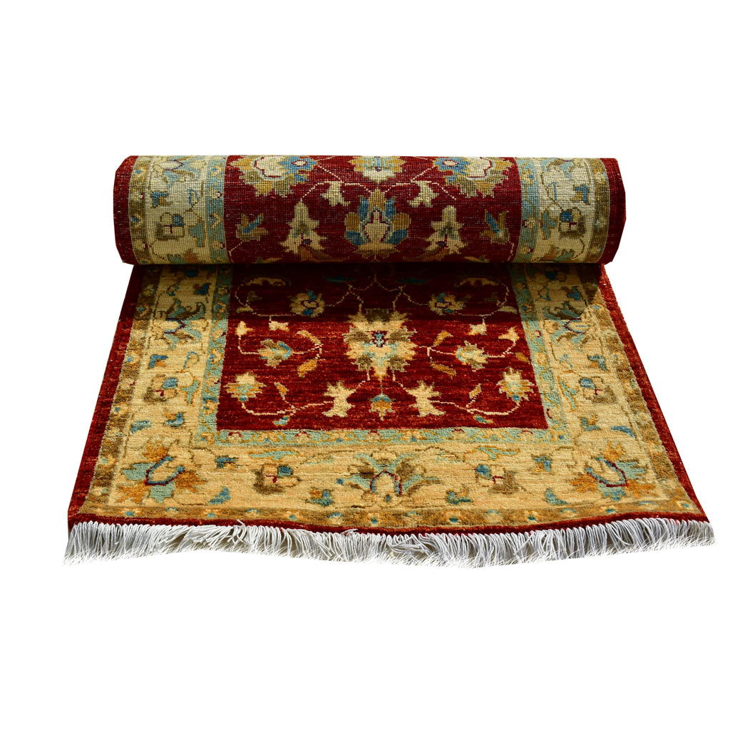 Handmade Afghan Aqcha Wool Rug 3x10 ft rolled view displaying floral pattern continuity