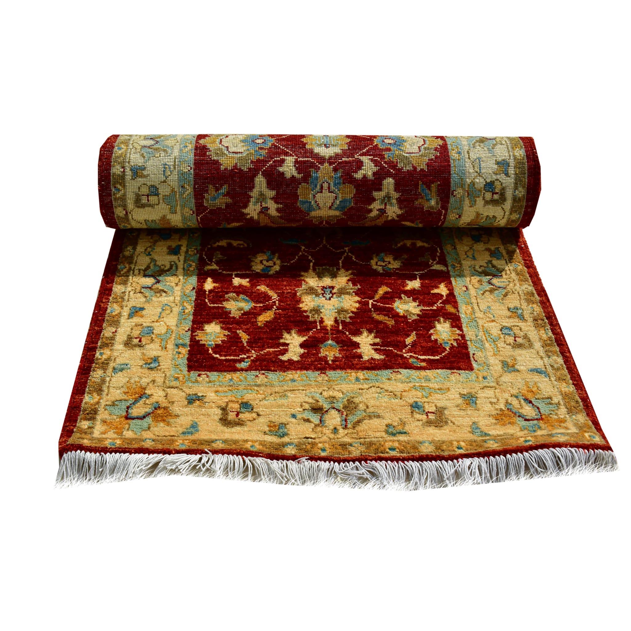 Handmade Afghan Aqcha Wool Rug 3x10 ft rolled view displaying floral pattern continuity