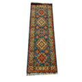 Handmade Afghan Aqcha Wool Rug 2x6 ft full view showing geometric Kazakh pattern with stepped diamond medallions on indigo blue field