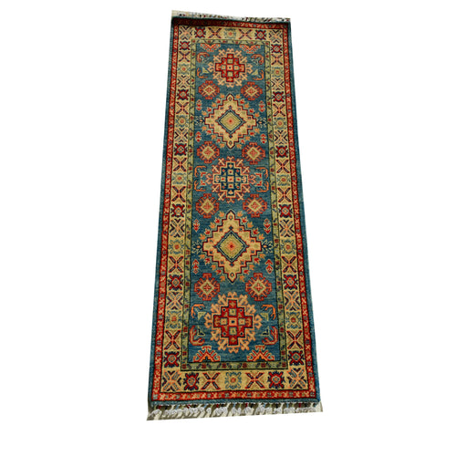 Handmade Afghan Aqcha Wool Rug 2x6 ft full view showing geometric Kazakh pattern with stepped diamond medallions on indigo blue field