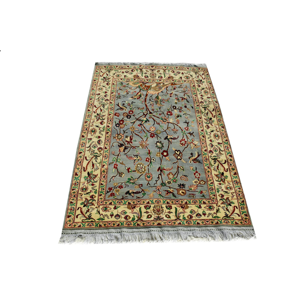 Handmade Afghan Aqcha Wool Rug 5x8 ft angled view showing intricate flowering vine motifs