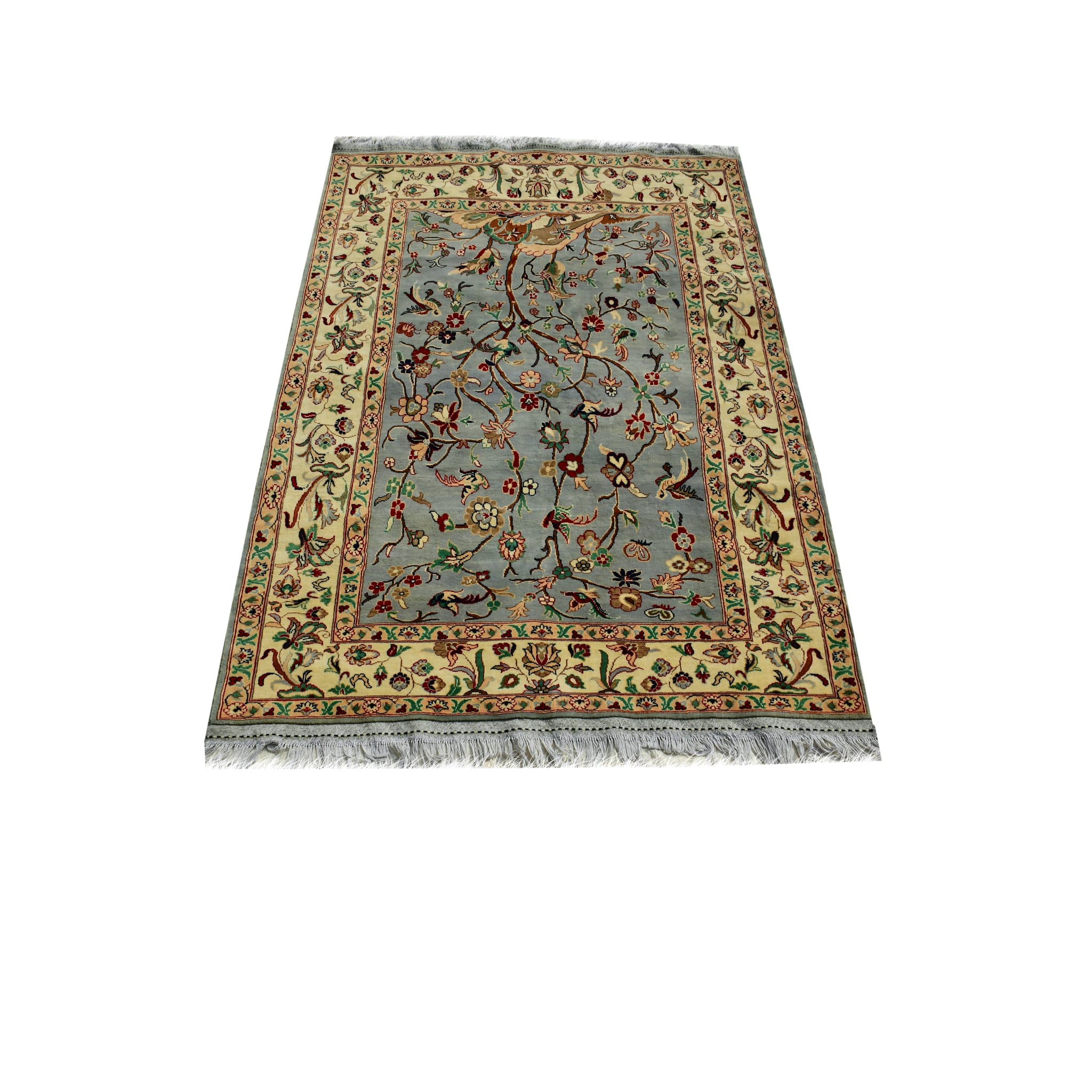 Handmade Afghan Aqcha Wool Rug 5x8 ft angled side view highlighting the ivory floral border