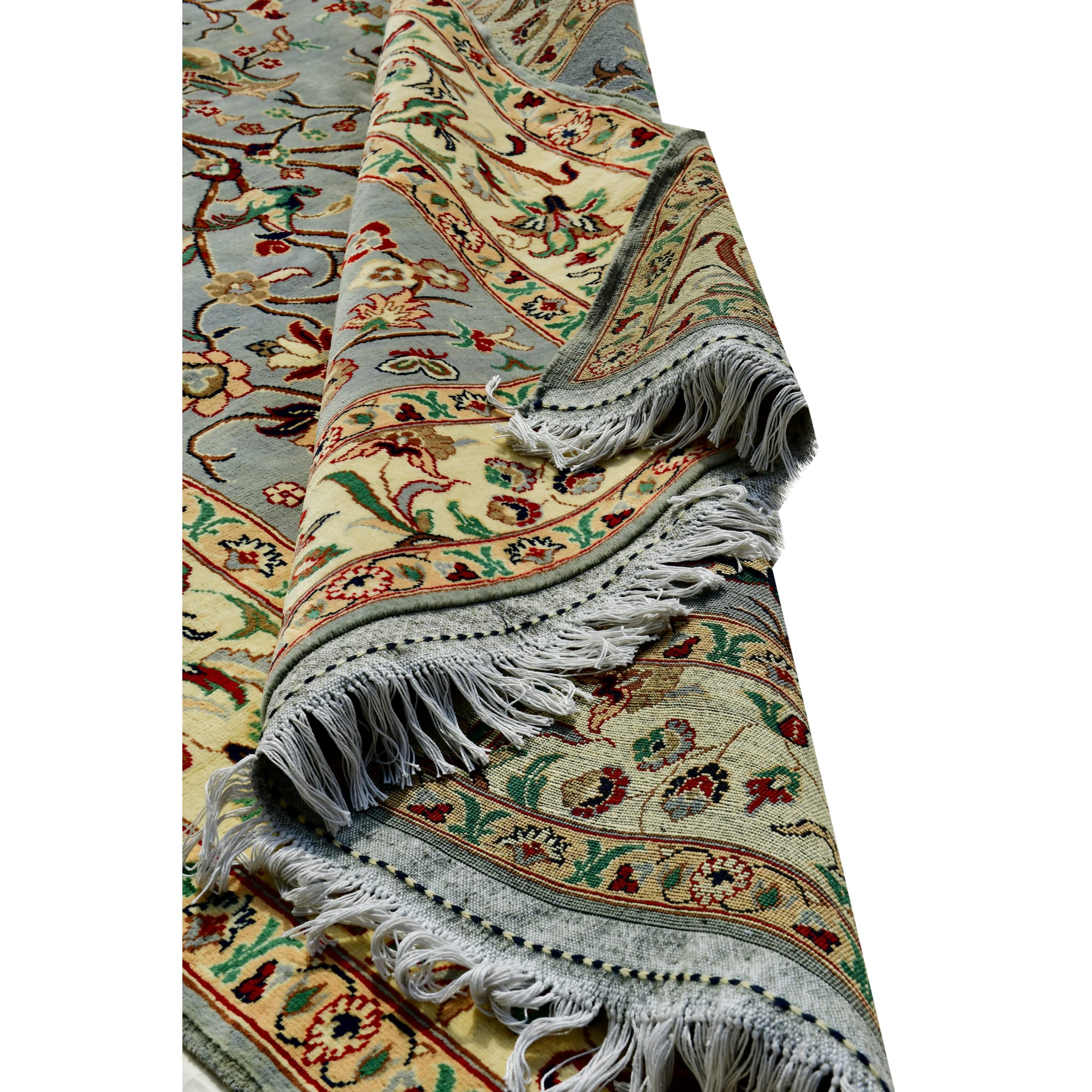 Handmade Afghan Aqcha Wool Rug 5x8 ft rolled view highlighting the fringe details
