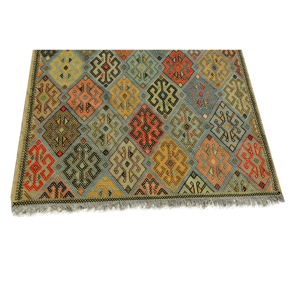 Handmade Afghan Aqcha Wool Rug 7x10 ft close-up of stepped hook design in tribal palette